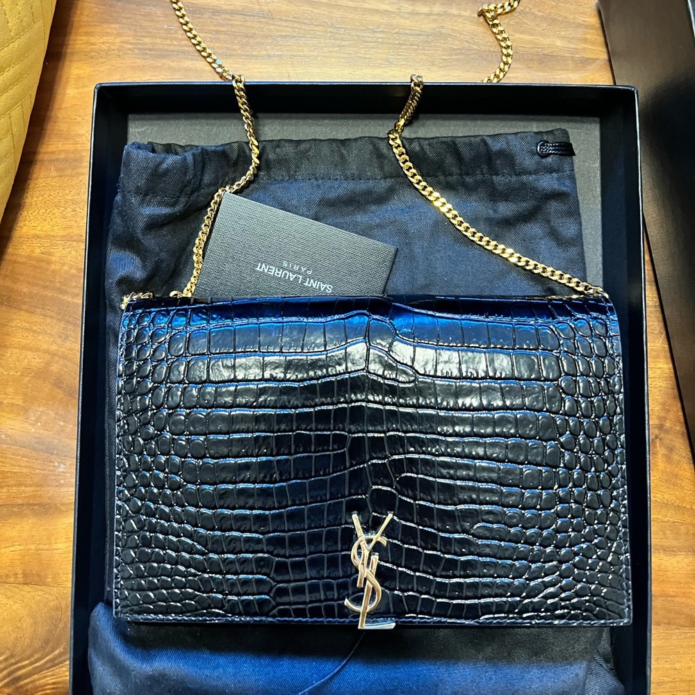 YSL Glossy Croc-Embossed Wallet on Chain